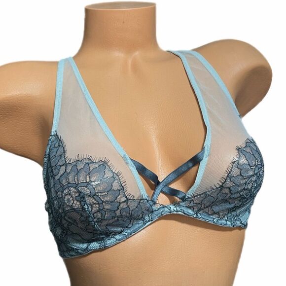 Victoria’s Secret Very Sexy Sheer Mesh unlined Plunge bra metallic lace gray 34B - Picture 1 of 4
